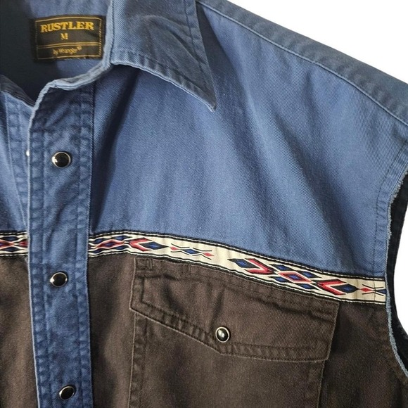 Rustler Wrangler Western Snap Sleeveless Shirt Sz M Southwestern Trim - Picture 4 of 6